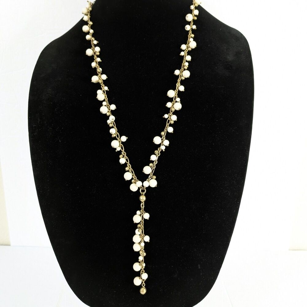 Lucky Brand White Beaded Cha Cha Y Necklace Long Gold Tone Dangle Boho 27"- 29"